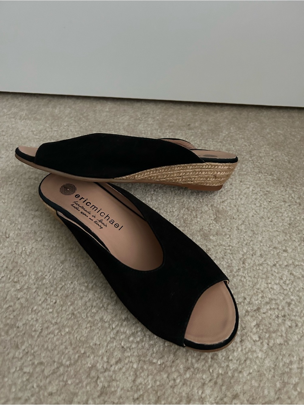 Eric Michael Black Suede Open-Toe Espadrille Wedge Mules size 37
